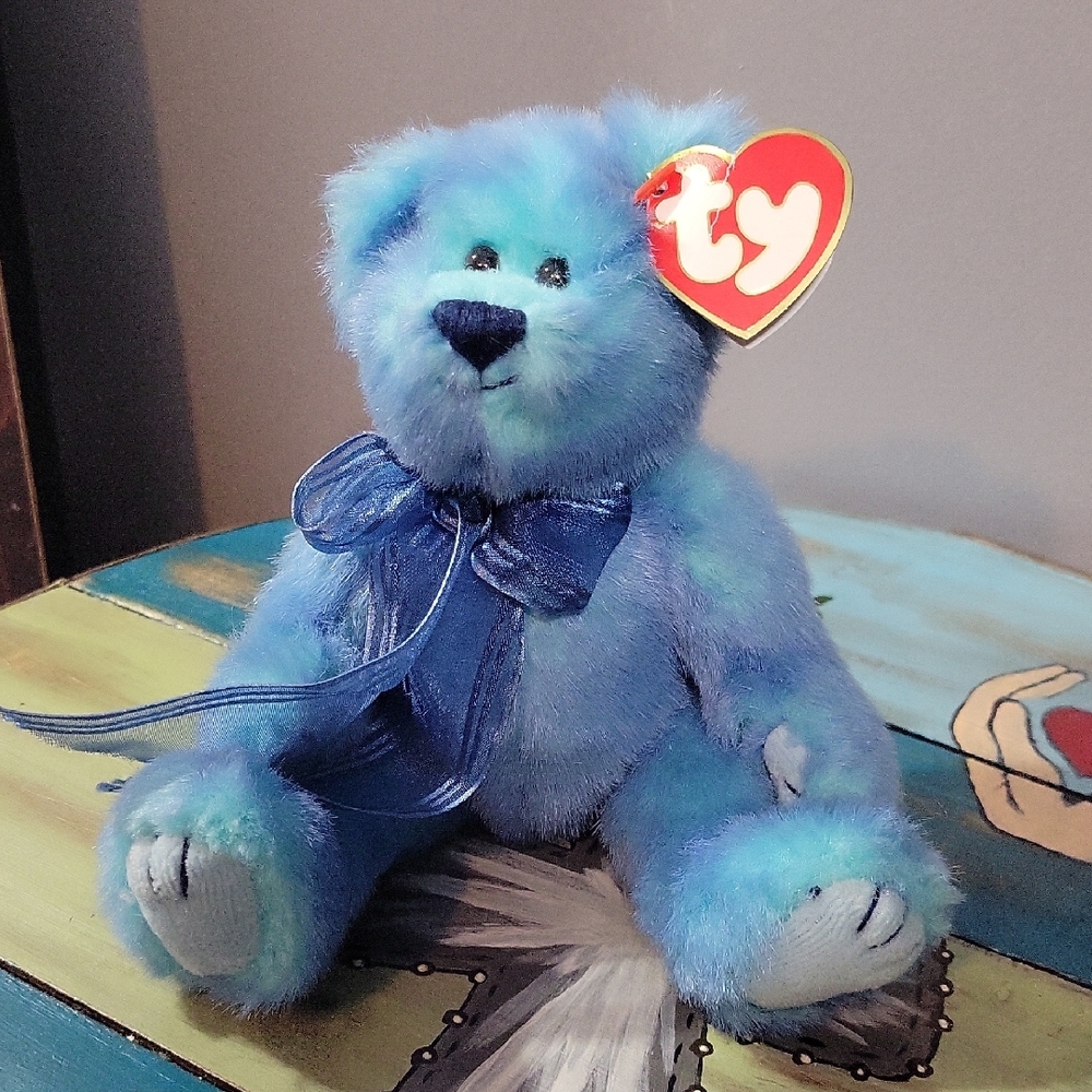 Ty Vibrant Blue Plush Bear with Ribbon- 1993